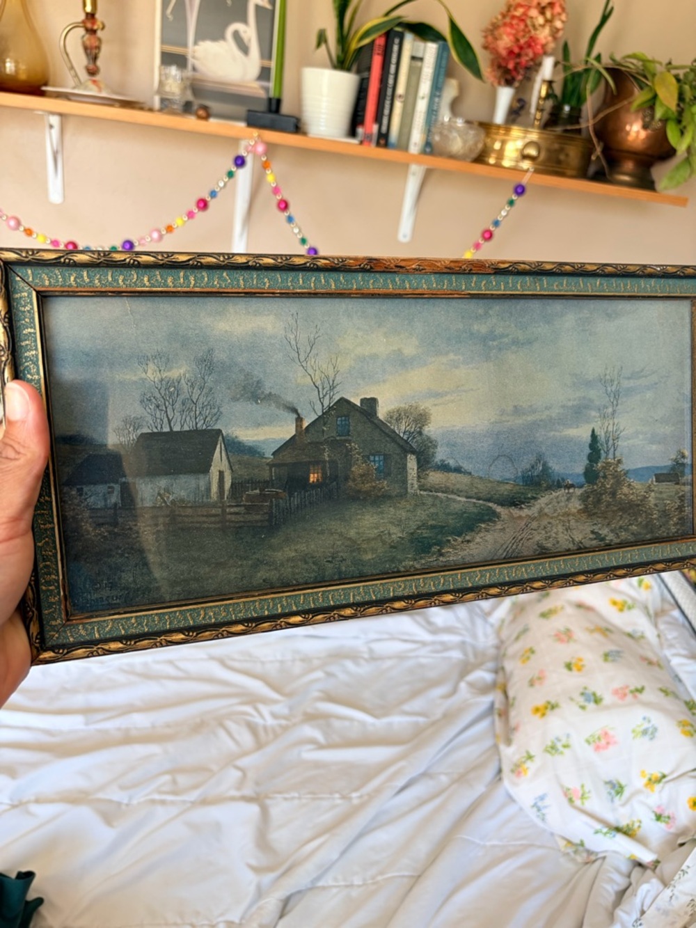 Vintage Framed Rural Landscape Art Print - Blue-Green Tones - Picture 3 of 3